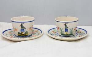19c. Hand Painted France Henriot Quimper MAN Faience Flat Cup & Saucer Set